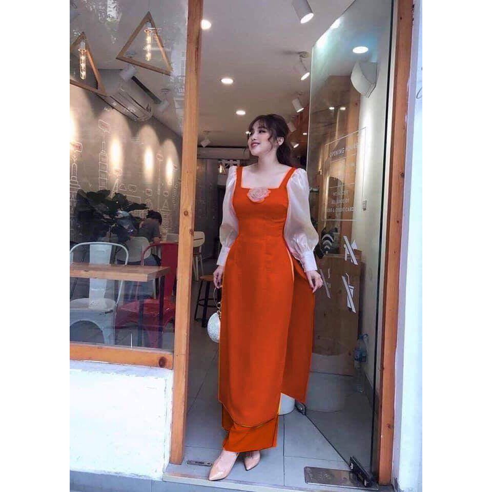 ⚡️ có big size 5XL ⚡️ AD1706 Set áo dài cách tân cổ vuông tay phòng đính hoa kèm quần ống rộng