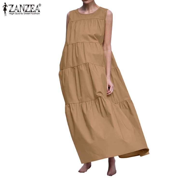 Đầm maxi ZANZEA không tay cổ tròn dáng rộng thời trang nữ tính thanh lịch