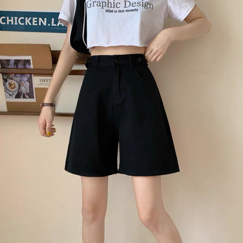 Quần Short Jean Lửng Đai Nút Lưng Cao Màu Đen Xám Siêu Xinh ULZZANG