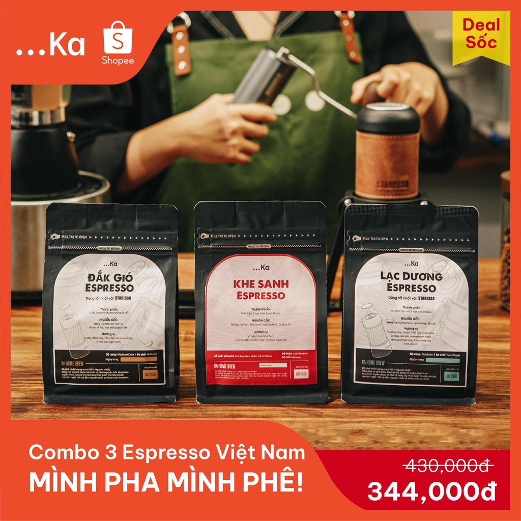 COMBO 3 gói cà phê rang xay nguyên chất pha Espresso, Combo Dark Gió-Lạc Dương-Khe Sanh - KaHomebrew