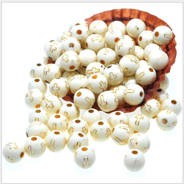 10-25-50gam hạt nhựa tròn khắc thánh giá nền trắng thánh giá vàng 8mm (thập giá)