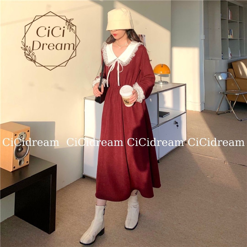 Váy Đỏ maxi noel xòe dáng dài babydoll dài tay phối cổ ren chun eo, váy nhung maxi xòe giáng sinh noel đi chơi, dự tiệc