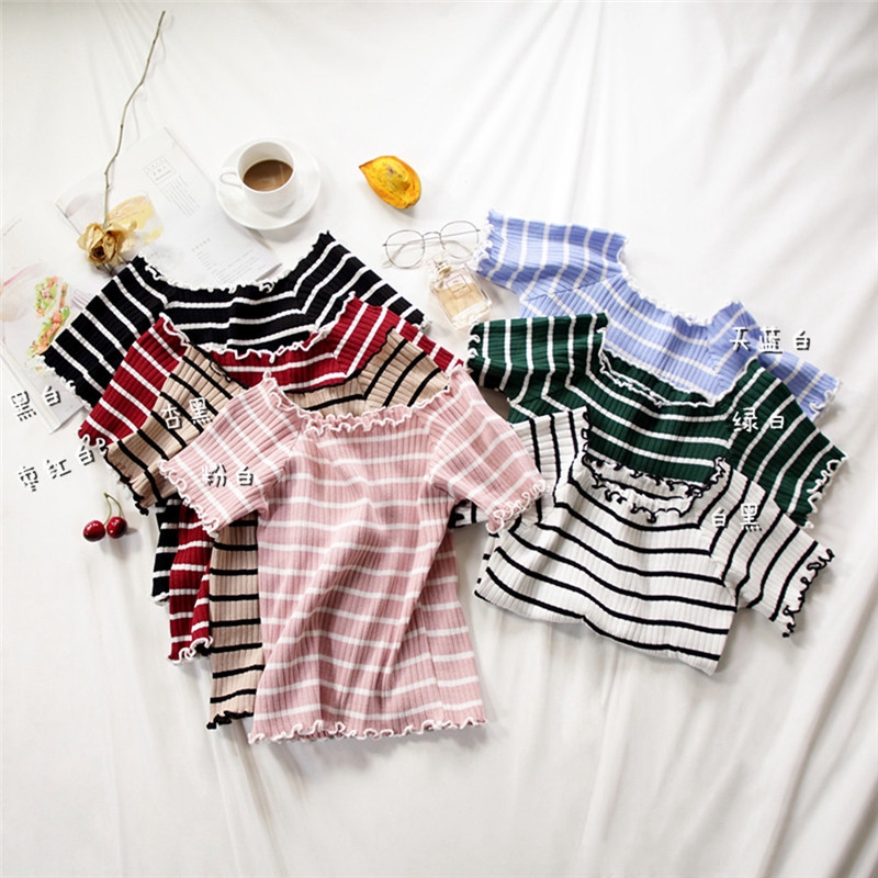 SUXI Áo croptop len thiết kế sọc ngang xinh xắn cho nữ