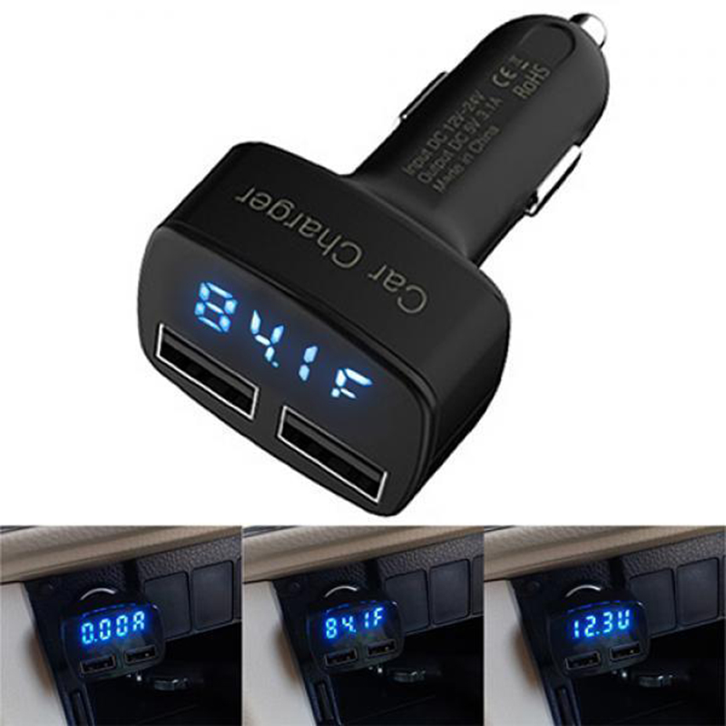 Car 3.1A Full Current Dual USB Interface With Two Chargers / Voltage Temperature Ammeter Digital LED Display