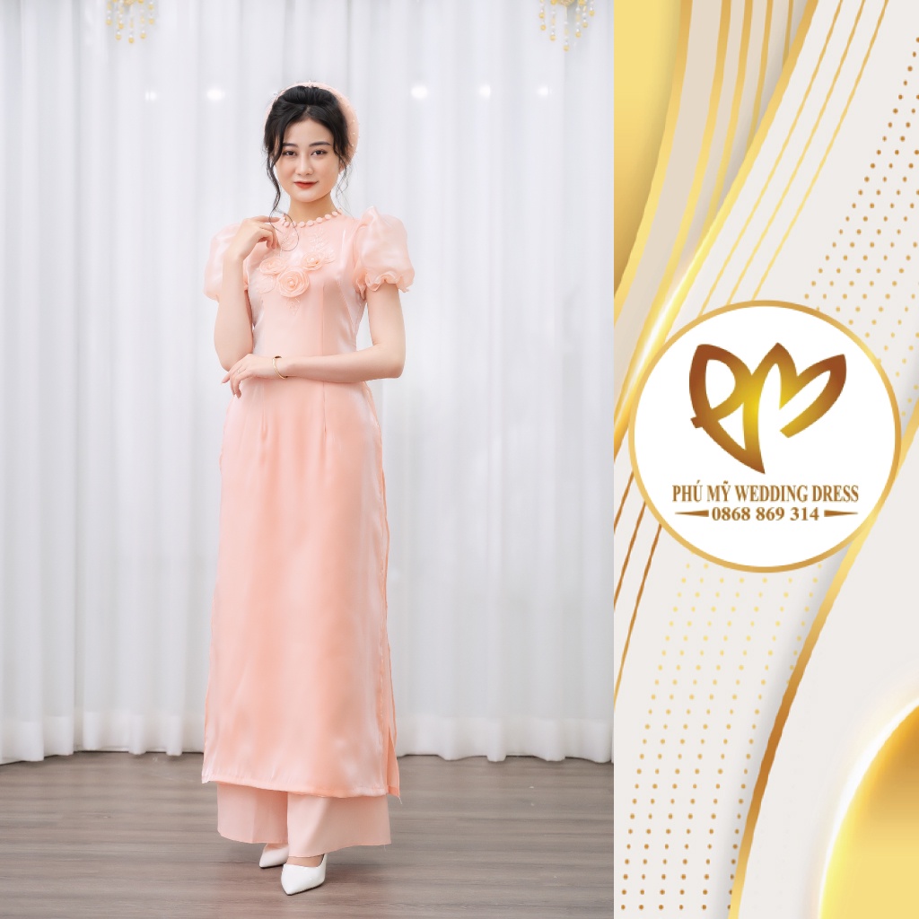Áo dài truyền thống voan tơ tay bồng màu hồng