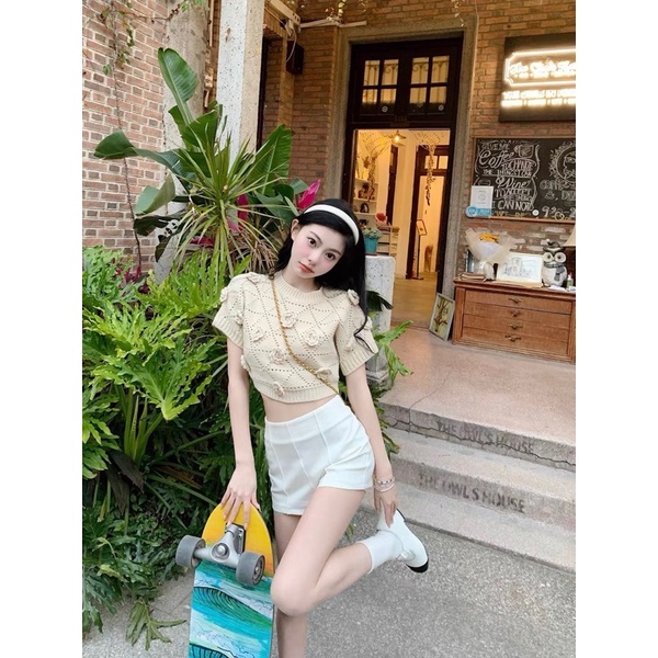 Áo len hoa nổi croptop Quảng Châu hot hit, Áo len croptop hoa nổi siêu xinh