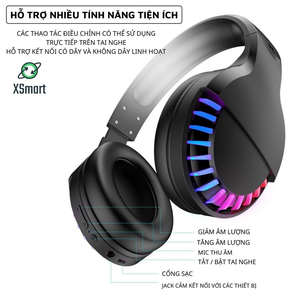 Tai nghe bluetooth headphone gaming SH33 Super Bass đèn led đổi màu RGB dùng cho điện thoại máy tính pc laptop