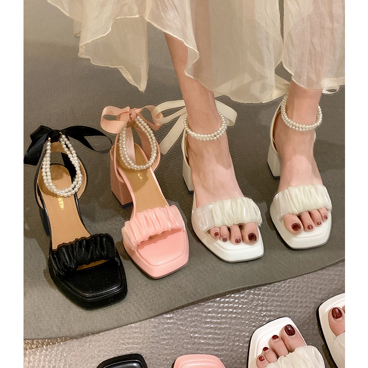 Giày sandal cao gót cột dây đính ngọc trai giả chống trượt thời trang mùa hè 2022 dành cho nữ