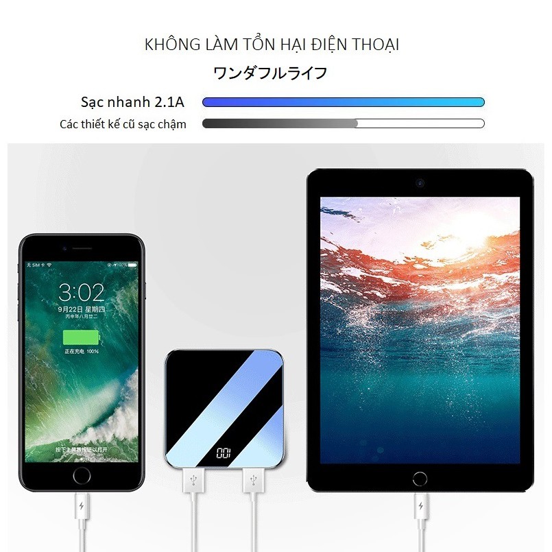 [Nhập mã giảm giá] Sạc dự phòng 10000mAh Chuẩn -Mặt Kính Đen -Có đèn báo Pin lithium A+polymer -Tự ngắt pin khi sạc đầy