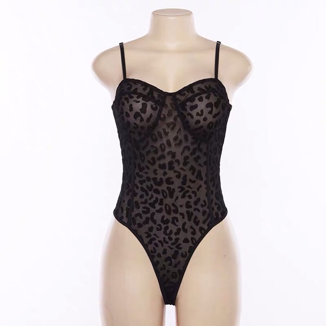 Bodysuit hai dây da báo đen có khuy đáy (Ảnh thật)