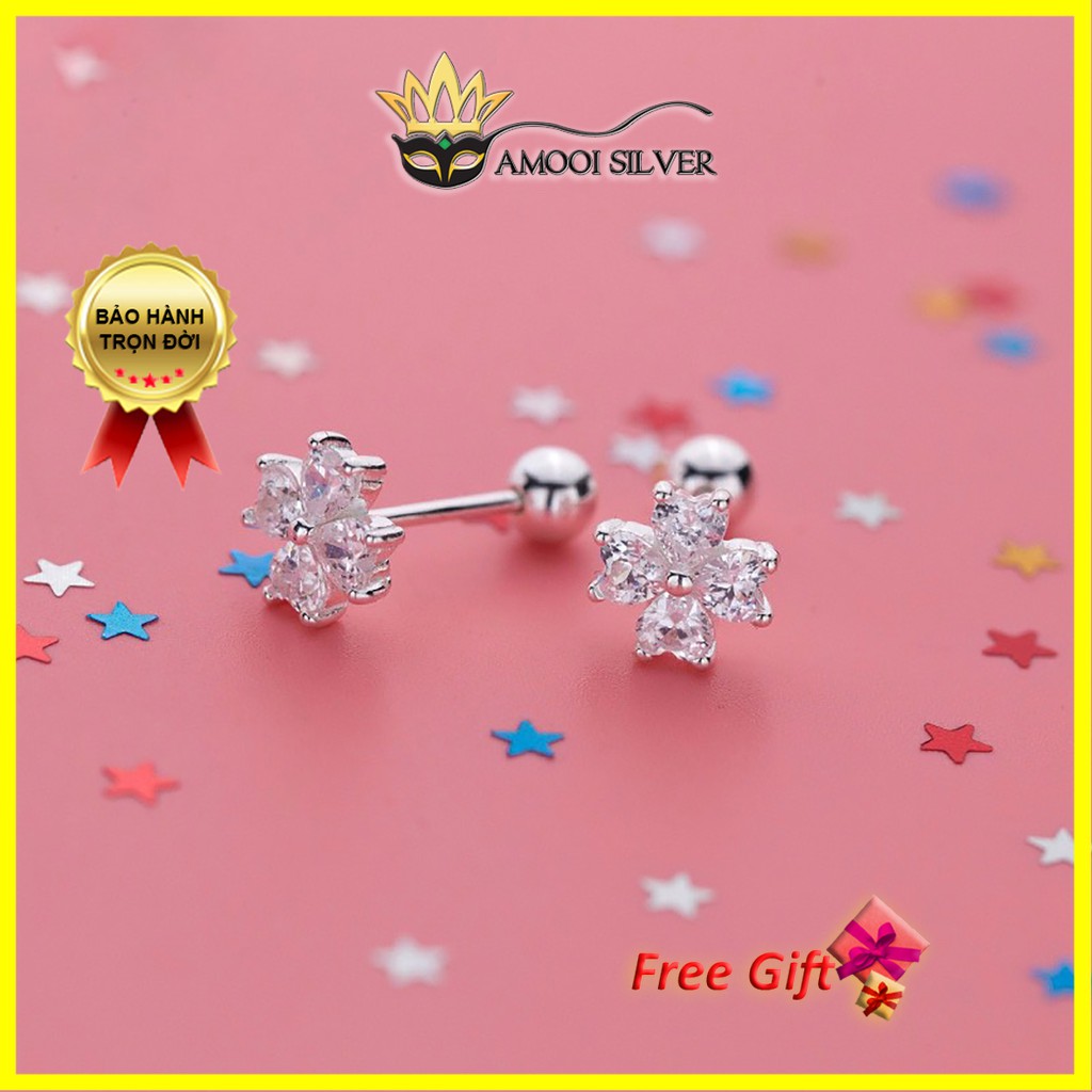 Bông tai bạc S925 cỏ 4 lá trái tim chui vặn - Amooi Silver AB121