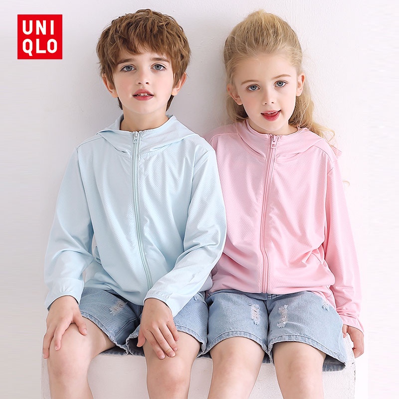 Uniqlo Áo Khoác Chống Nắng Tay Dài Có Mũ Trùm Đầu Dễ Thương Cho Bé Gái