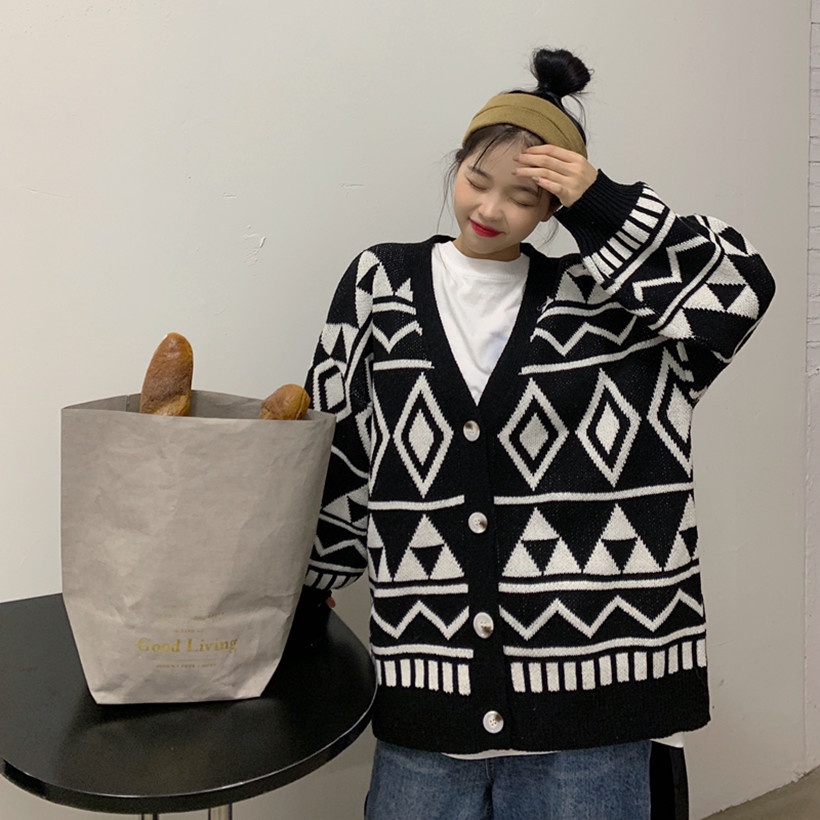Áo khoác cardigan dệt kim dáng rộng họa tiết hình học phong cách phương Tây thời trang thu đông cho nữ
