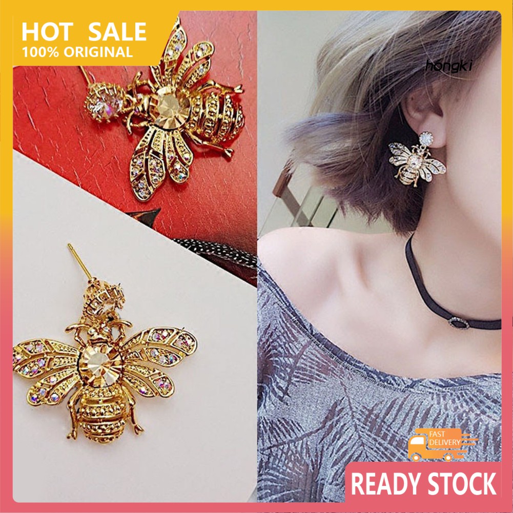 Khuyên tai dạng xỏ thiết kế hình chú ong mật đính đá thời trang dành cho nữ
