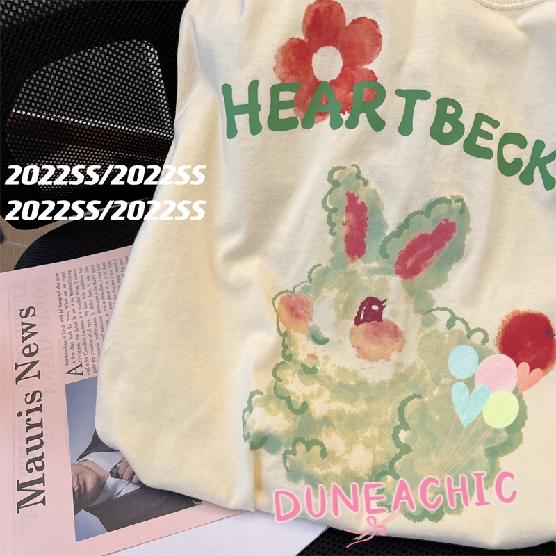 DUNEA Áo Thun Tay Ngắn Cổ Tròn Dáng Rộng In Chữ Và Hoạt Hình Xinh Xắn Cho Nữ