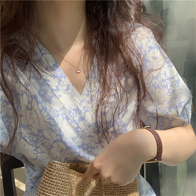 Đầm Hoa Ngắn Tay Cổ Chữ V Xinh Xắn Theo Phong Cách Hàn Quốc 43649