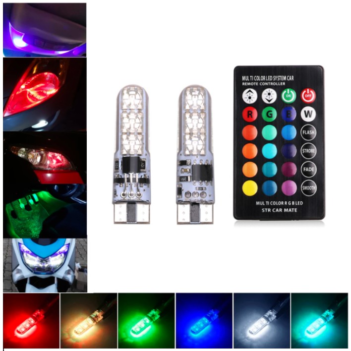 Đèn Led Kevanly RGB 5050 6SMD T10 W5W Bằng Silicon 12V Kèm Bộ Điều Khiển Từ Xa Gắn Trên Xe Ô Tô