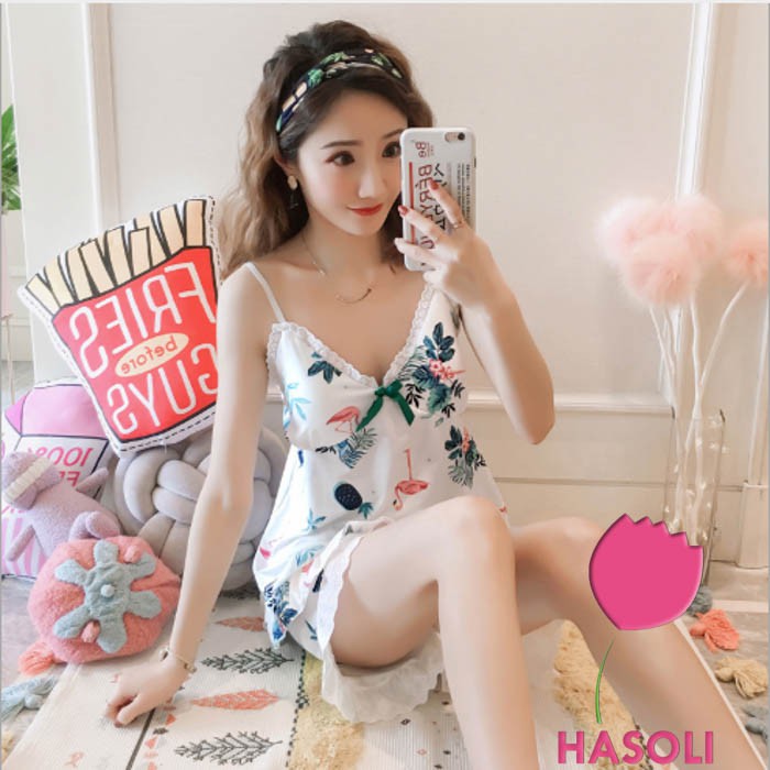 Bộ Đồ Ngủ Cotton Thun 2 Dây Viền Ren-Đồ Mặc Nhà Hồng Dễ Thương Có Lót Đệm Ngực DB11