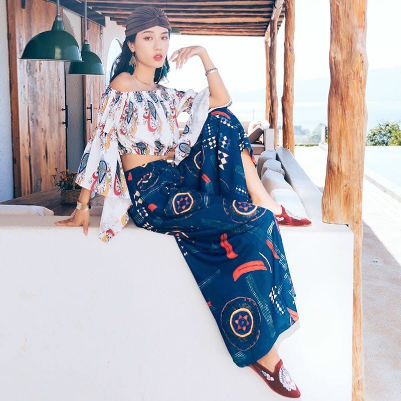 Set Áo Croptop Trễ Vai + Quần Culotes Đi Biển Phong Cách Bohemian