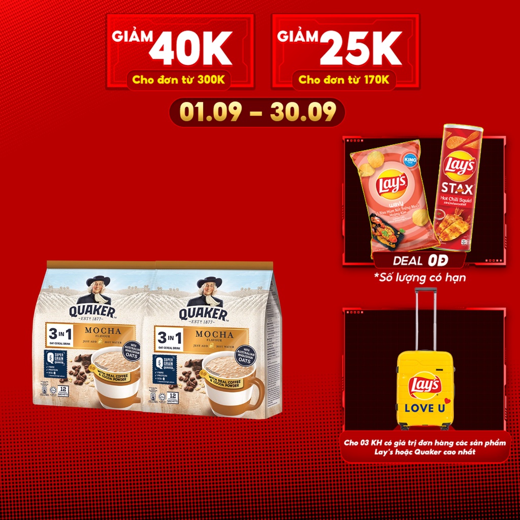 Combo 2 Túi Thức uống yến mạch Quaker 3in1 Vị Mocha 336g/túi