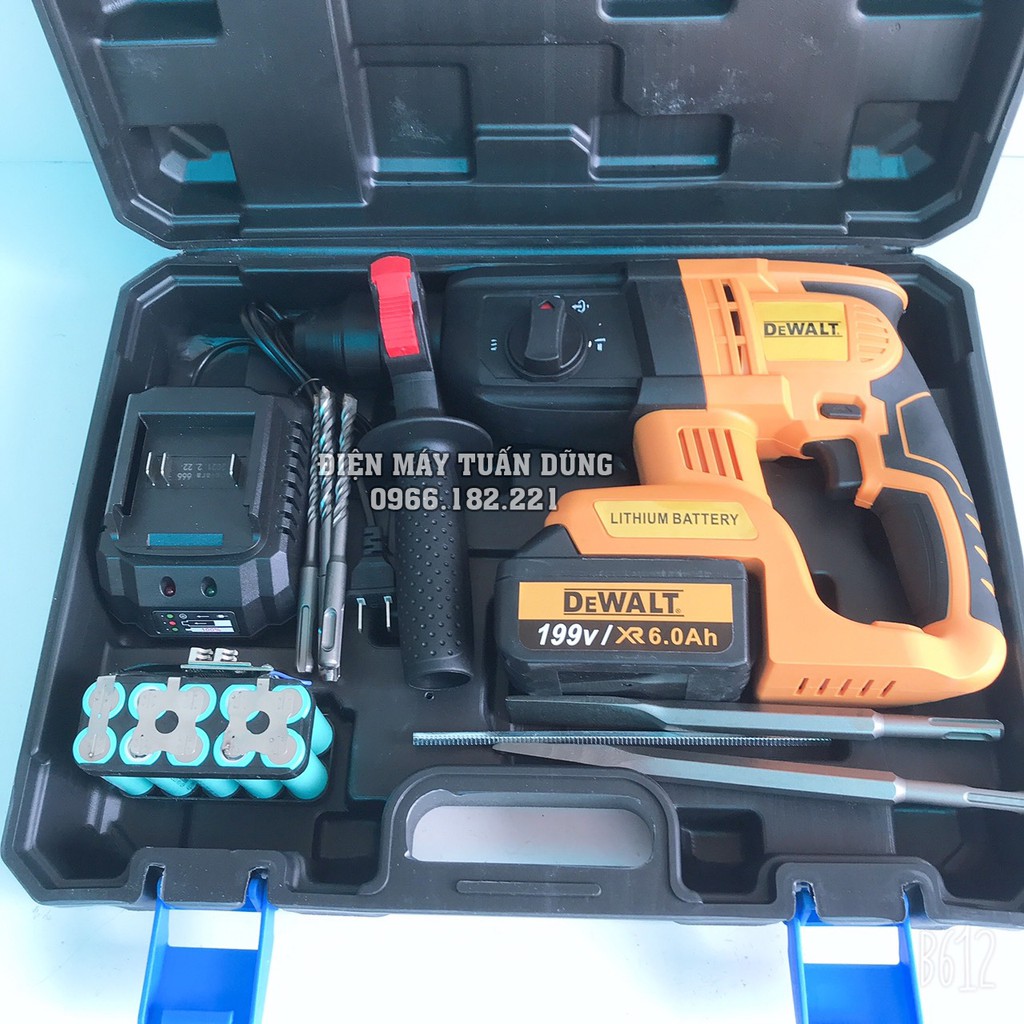 Máy khoan đục bê tông dùng pin DeWalt 199V Kèm 2 pin TỰ ĐÓNG - Tặng 5 mũi khoan và đục