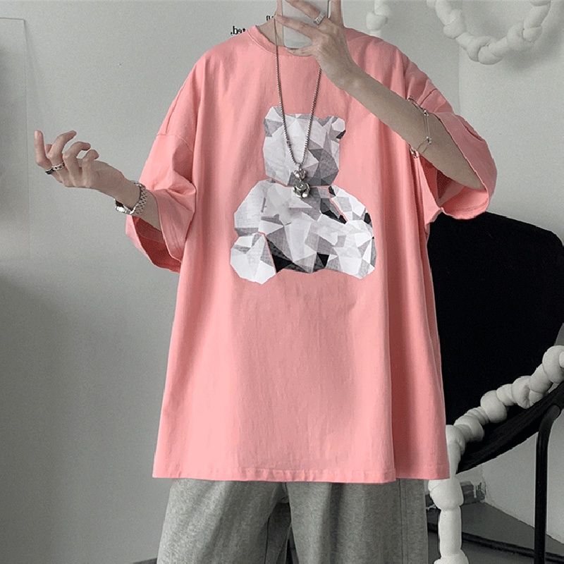 Áo Thun Nam Tay Ngắn Dáng Rộng In Hình Gấu Hoạt Hình Phong Cách Hip Hop Thời Trang Mùa Hè size M-8XL