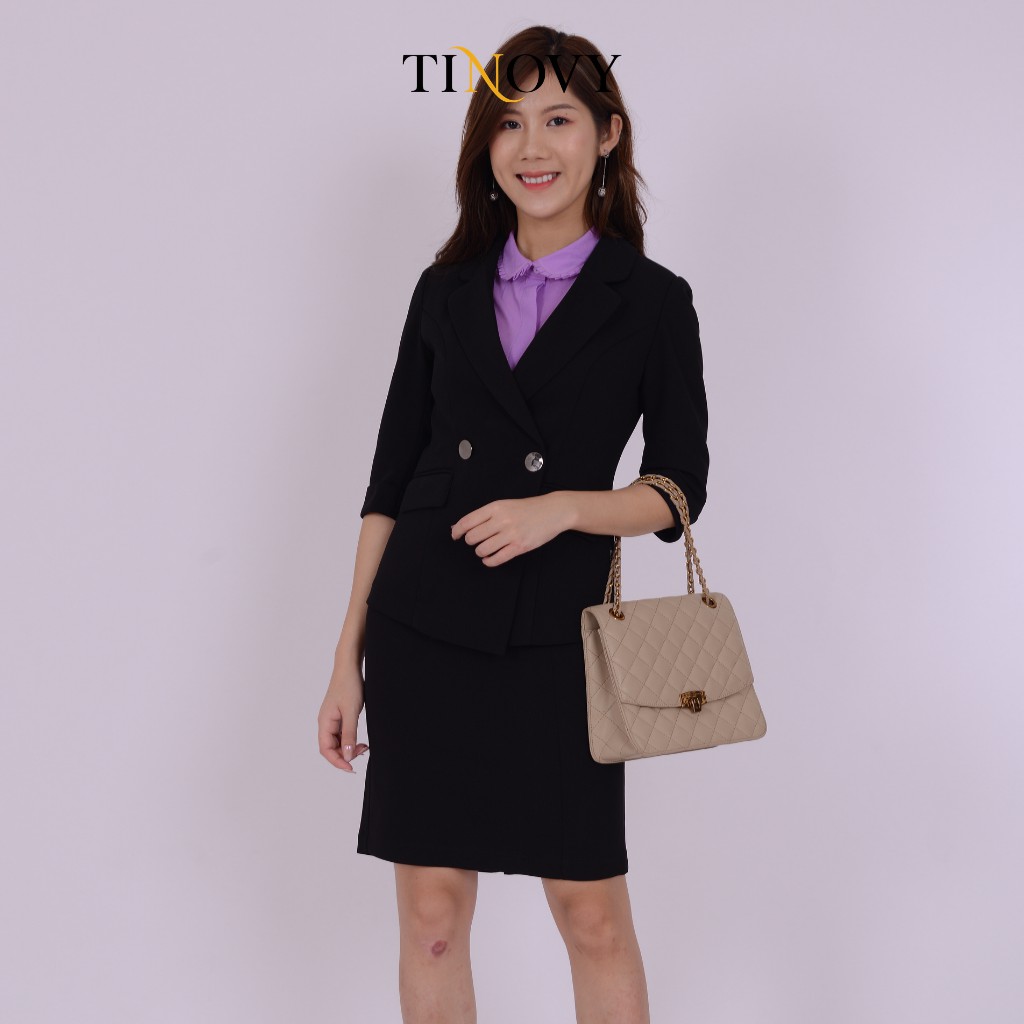 Áo Vest Blazer Nữ TINOVY Tay Lỡ Cổ 2 Ve Đính Khuy Cao Cấp 208-081