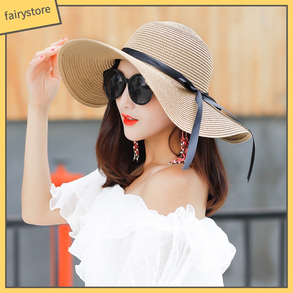 Nón Cói Rộng Vành Phối Ruy Băng Thắt Nơ Có Thể Gập Lại Thời Trang Mùa Hè Cho Nữ