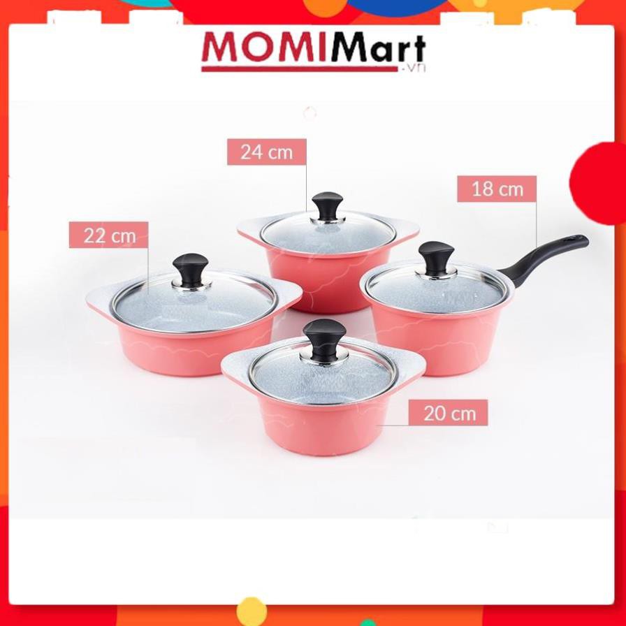BỘ 4 NỒI ECORAMIC ĐÚC NGUYÊN KHỐI Hàn Quốc. Nồi 1 tay cầm 18cm, Nồi 2 tay cầm 20-22-24cm