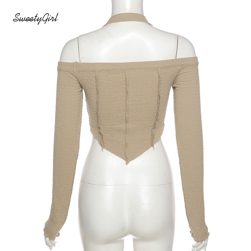 Áo croptop trễ vai màu trơn thiết kế dáng ôm thời trang cho nữ