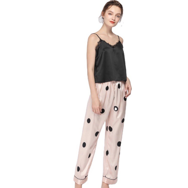 Bộ Pijama đồ mặc nhà lụa satin cao cấp áo hai dây quần dài CiCi