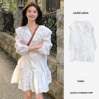 (ORDER) Váy MORAN ren trắng dài tay cổ bẻ phối bèo, nhún đuôi cá suôn xòe điệu đà tiểu thư (kèm ảnh thật)
