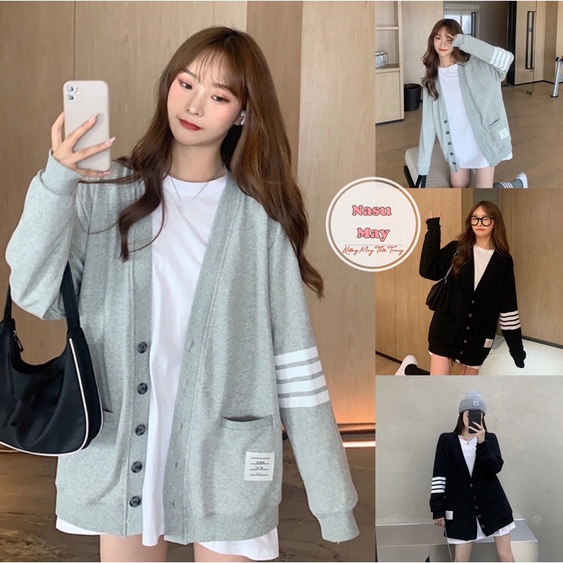 Áo Cardigan, Áo Khoác Nam Nữ Form Rộng Sọc Tay Xám Đen