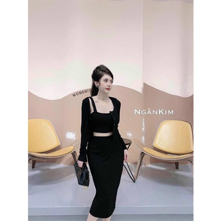 Set váy thun 3 món, set áo 2 dây kèm áo khoác cadigan ngoài mix chân váy dài, set thun ôm body sexy, mặc siêu tôn dáng