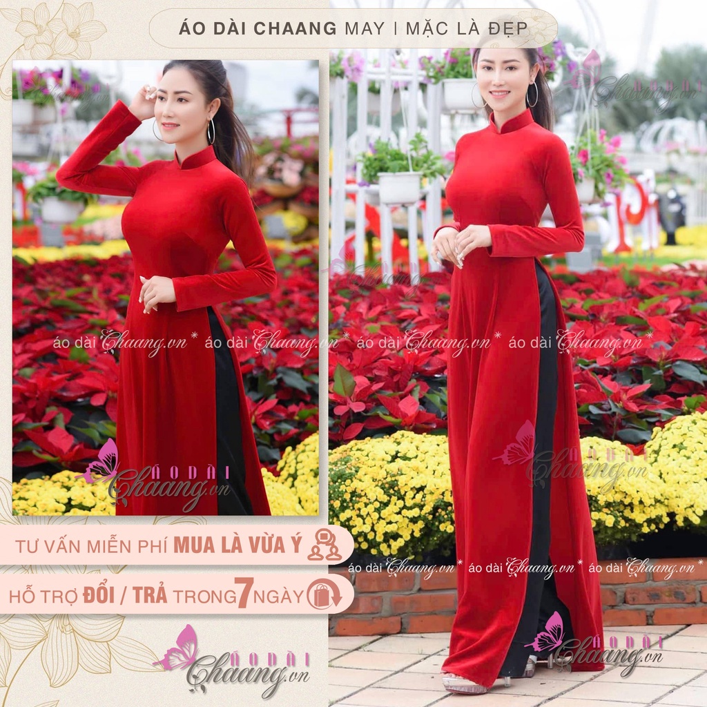 Áo dài nhung đỏ_Chaang_may sẵn áo truyền thống form đẹp, vải co giãn dễ mặc đẹp thumbnail