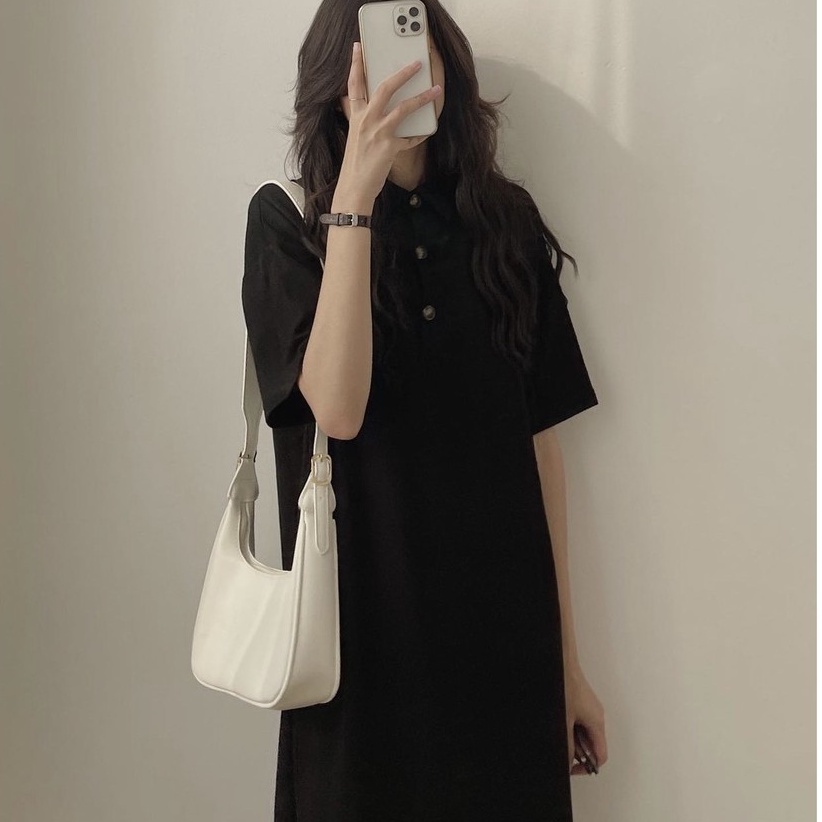 [ RẺ VÔ ĐỊCH] Váy Polo Cúc Đồng Nữ Dáng Dài Ulzzang Đầm nữ dáng rộng màu đen trơn basic tay lỡ cá tính [ Ảnh Thật] | BigBuy360 - bigbuy360.vn