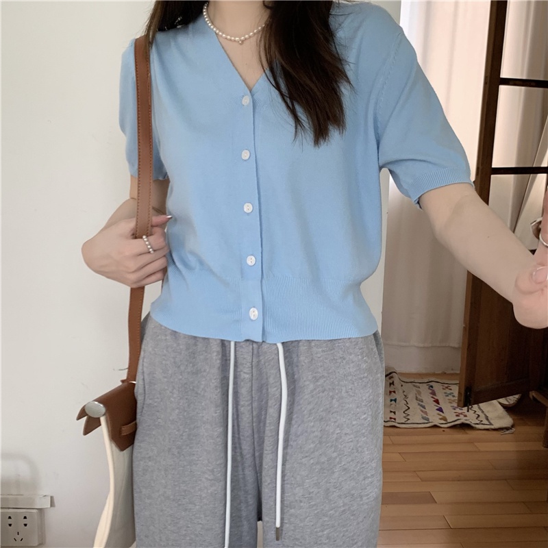 Áo Cardigan Dệt Kim Ngắn Tay Cổ Chữ v Phối Hàng Nút Thời Trang Mùa Hè 51554 | BigBuy360 - bigbuy360.vn