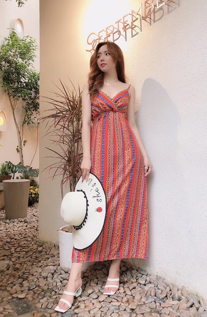 Đầm maxi 2 dây thổ cẩm đi biển bao xinh chất bao đẹp size M L Xl S