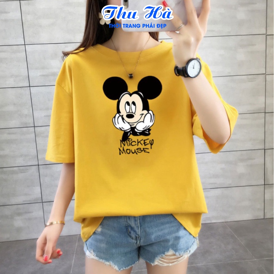 Áo thun form rộng áo phông tay lỡ Thu Hà chất liệu thoáng mát in hình Chuột Mickey Mouse