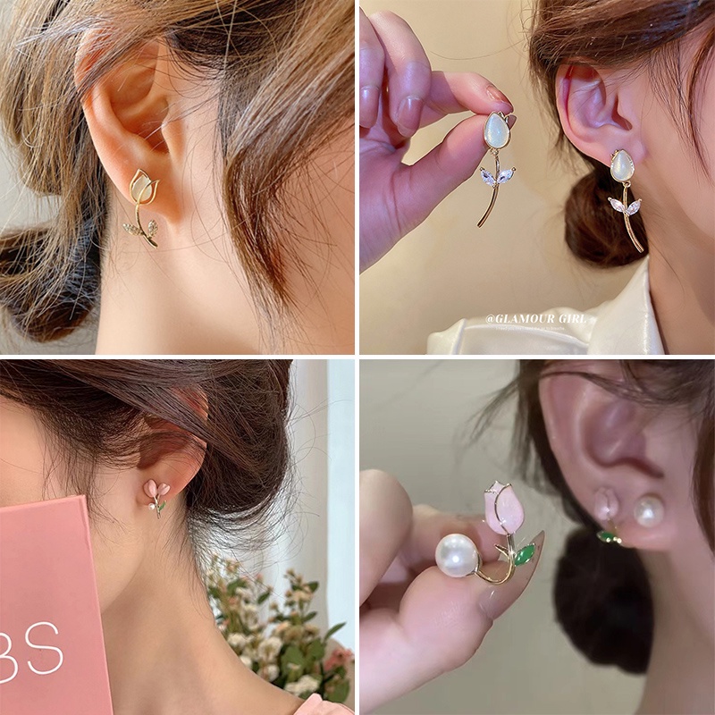 Bông Tai Mạ Bạc 925 Hình Hoa Tulip Đính Ngọc Trai Thời Trang Hàn Quốc