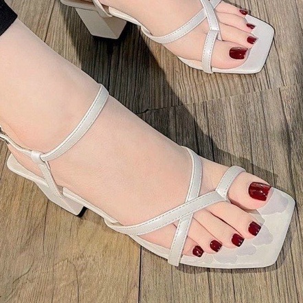 Sandal cao gót 7 phân đế vuông Thiên Hương VNXK BP43G37 Giày cao gót nữ 7p cm xỏ ngón quai chéo 3 màu nâu trắng đen