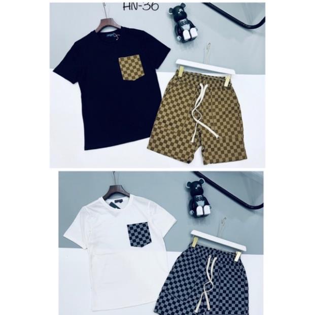 [Sẵn Hàng] Bộ Quần Áo Nam LV Thêu Hoạ Tiết Vải Cotton Mát Mịn - Bộ LV Nam Phối Quần Kẻ Caro