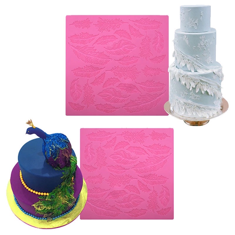 khuôn silicon làm ren đuôi công, lông vũ trang trí bánh