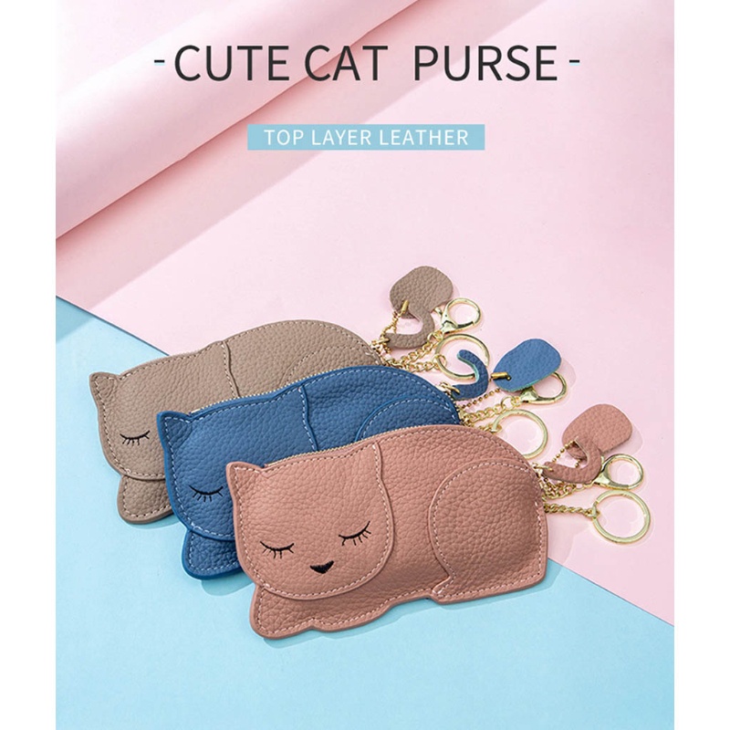 Youyo Ví Da PU Mini Đựng Tiền Xu / Thẻ Tín Dụng In Hình Mèo Hoạt Hình Có Móc Khóa