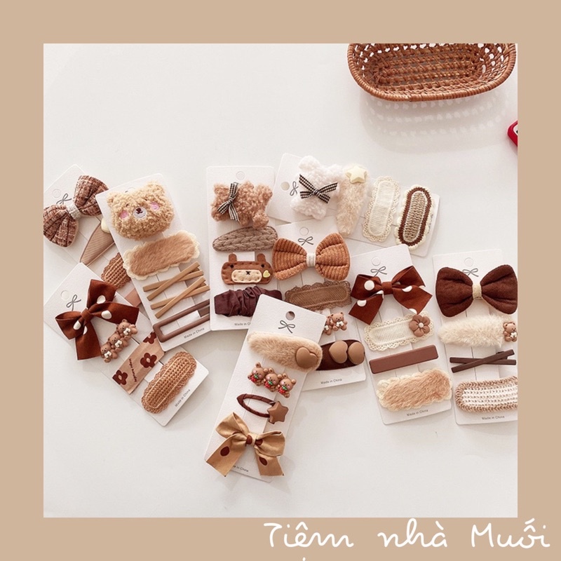 Set 4 kẹp tóc tone nâu/be/trà sữa siêu cute phong cách Hàn Quốc cho bé gái