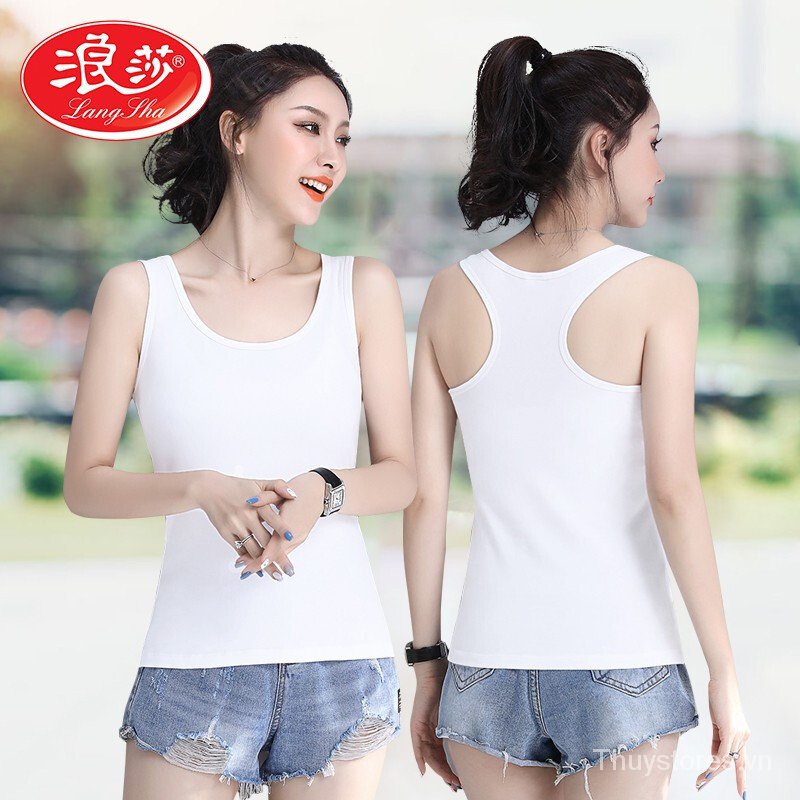 Langsha I-Áo Vest Nữ Mùa Hè Sexy Màu Đen Và Trắng Xám Căng Áo Vest Không Tay Thể Thao Áo Sơ Mi
