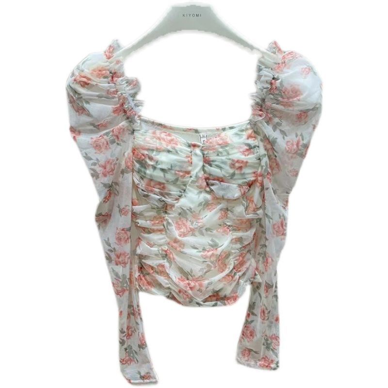 The new spring style palace broken flowers show shoulder bubble sleeves slim women's blouse short style long-sleeved blouse with exposed back square collar fold