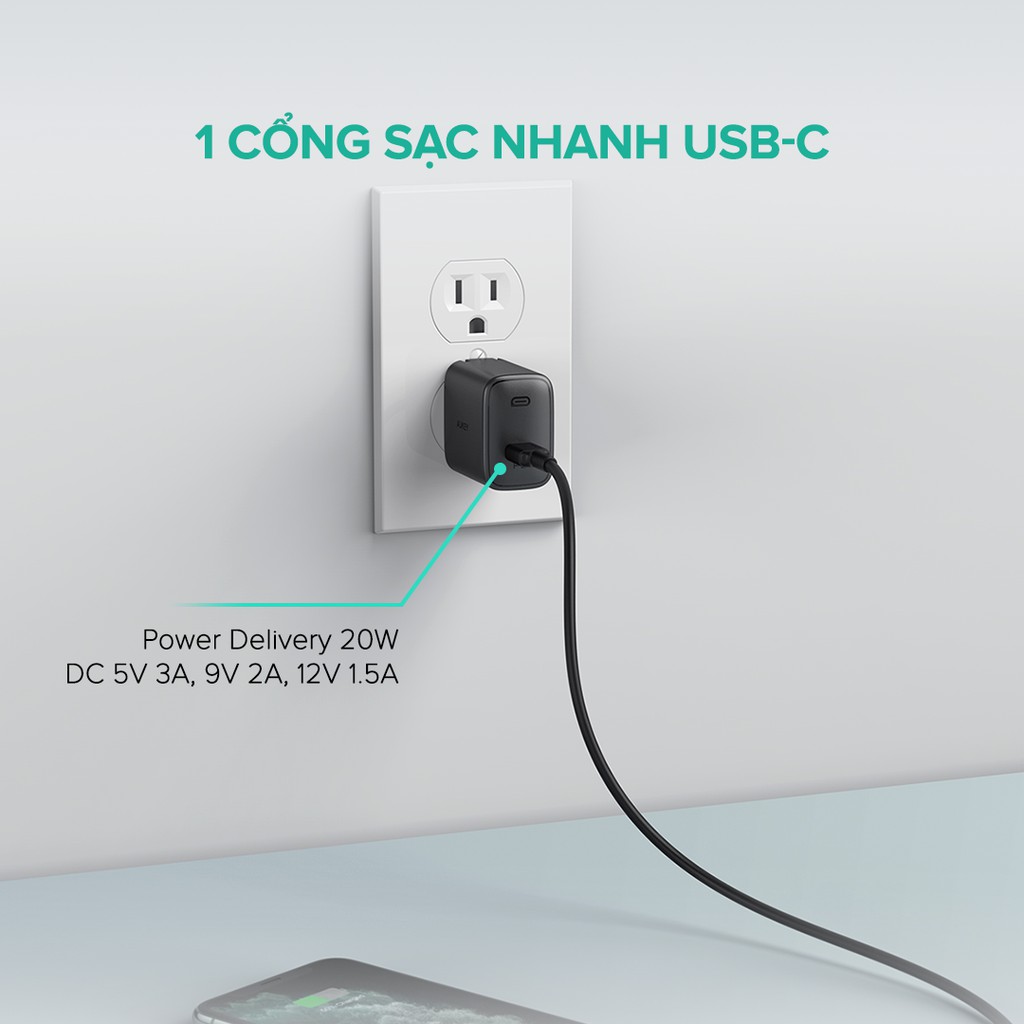 Cốc Sạc Nhanh Siêu Nhỏ Aukey PA-F1S Cổng Type C Power Delivery 20W