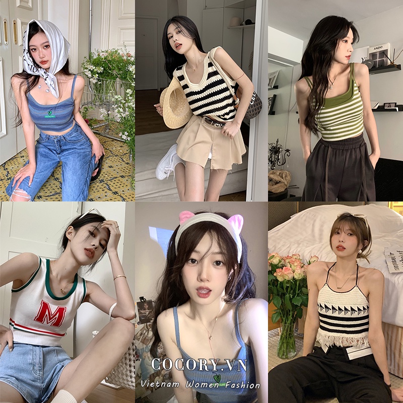 Cocory vn Áo Croptop Dệt Kim Kẻ Sọc Trễ Vai Quyến Rũ Thời Trang Mùa Hè Cho Nữ