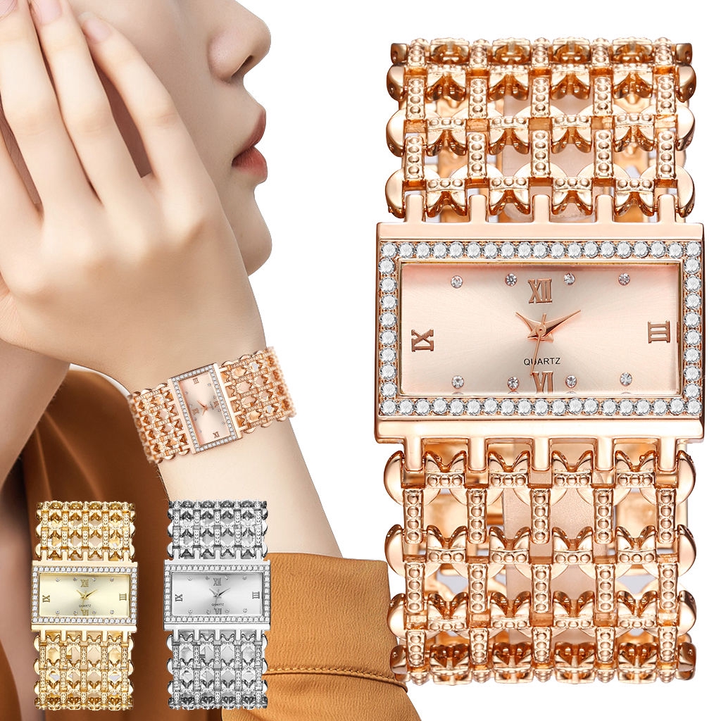 Đồng hồ máy quartz trang trí kim cương giả với dây đeo thép không gỉ hợp thời trang cho nữ